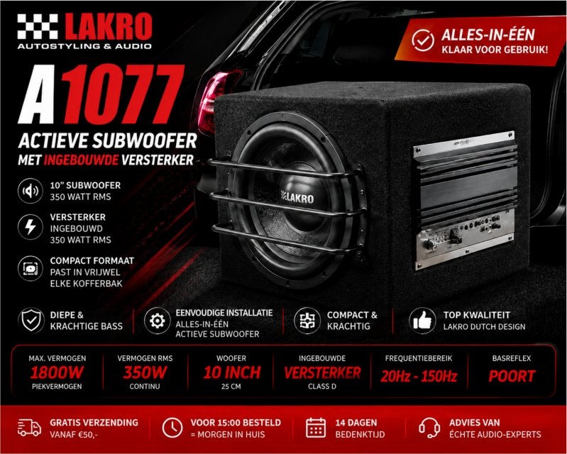 A1077 - Actieve subwoofer - Lakro - 10 inch - 350 watt RMS -, Auto diversen, Niet ingevuld, Niet ingevuld, Niet ingevuld