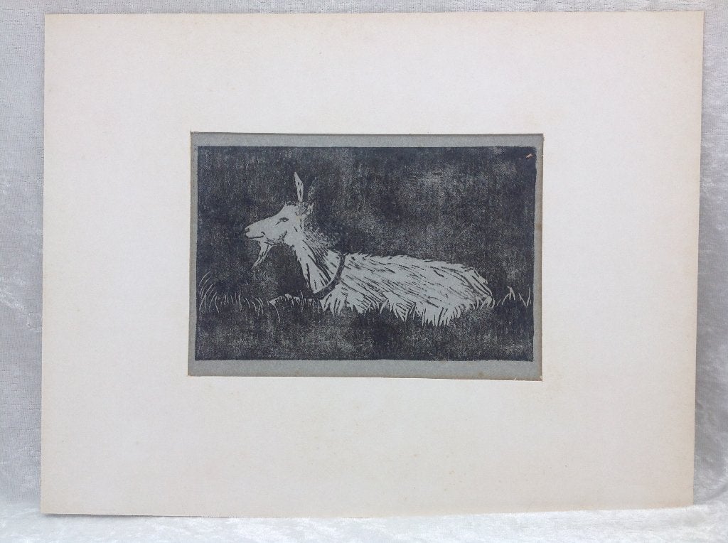 Liggende geit, lino- of houtsnede op rijstpapier, Antiek en Kunst, Ophalen of Verzenden