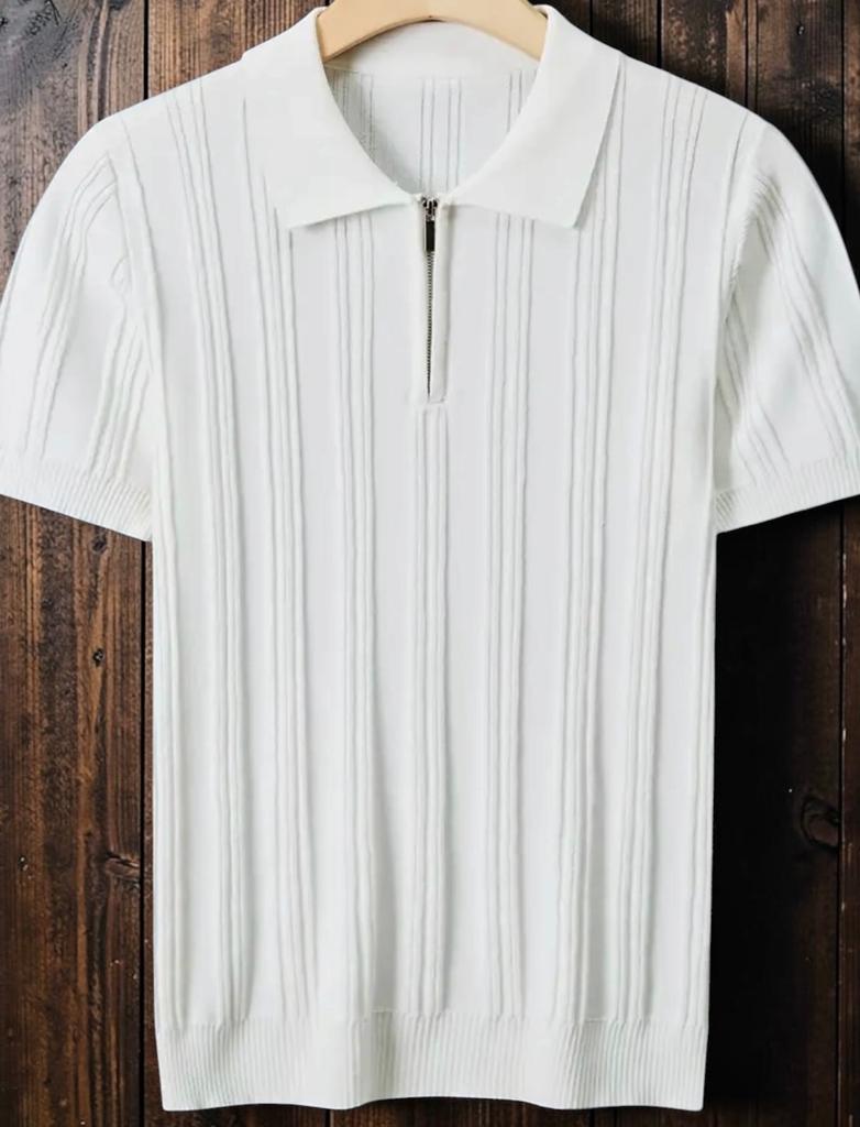 Luxe witte zip polo heren maat M nieuw old money ribbed, Kleding | Heren, Polo's, Verzenden, Nieuw, Maat 48/50 (M), Wit
