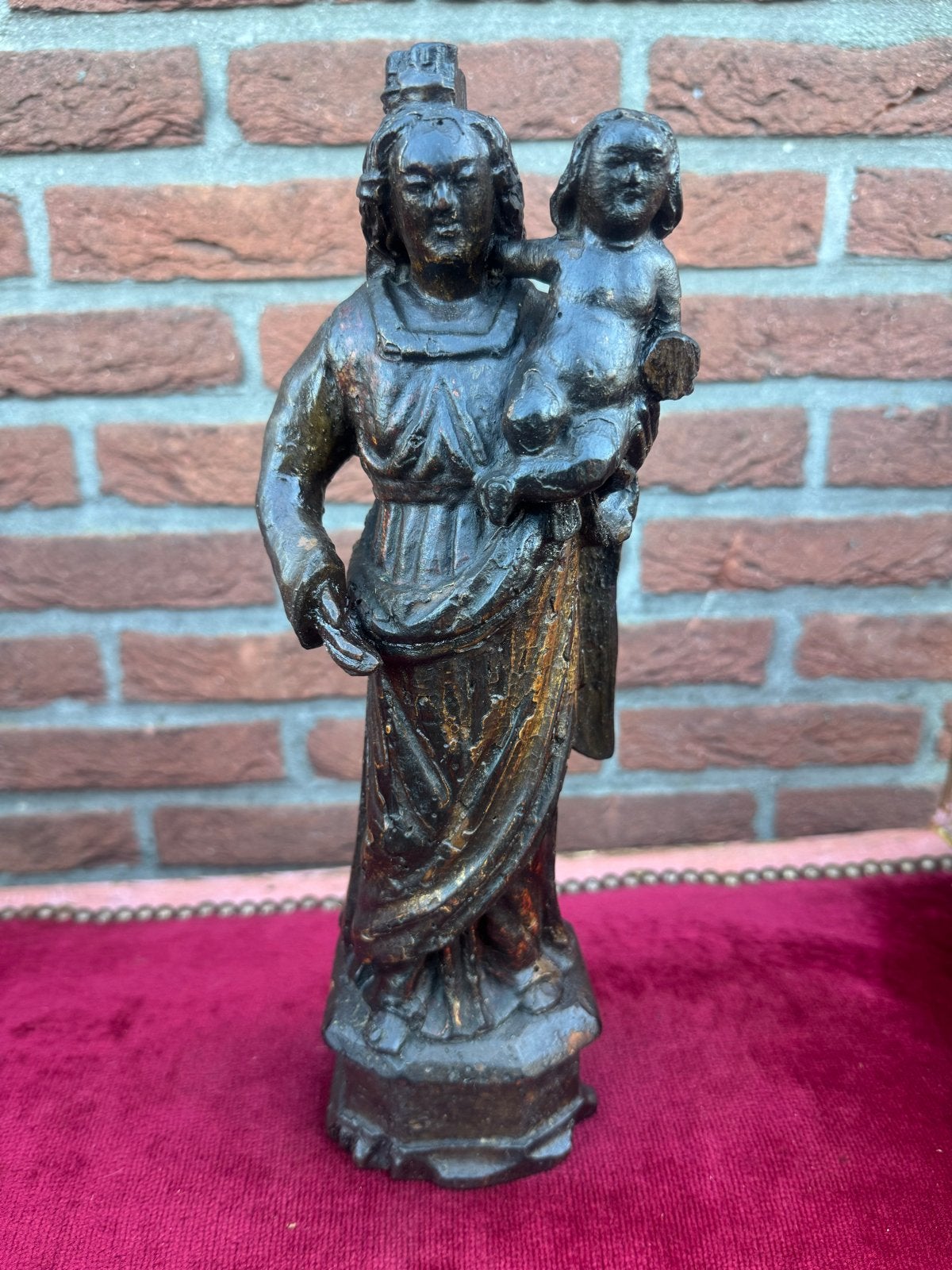 17e Eeuwse Vlaamse Madonna met Kind, Antwerpse School, Ophalen of Verzenden, 20 - 50 cm, Hout, Bruin
