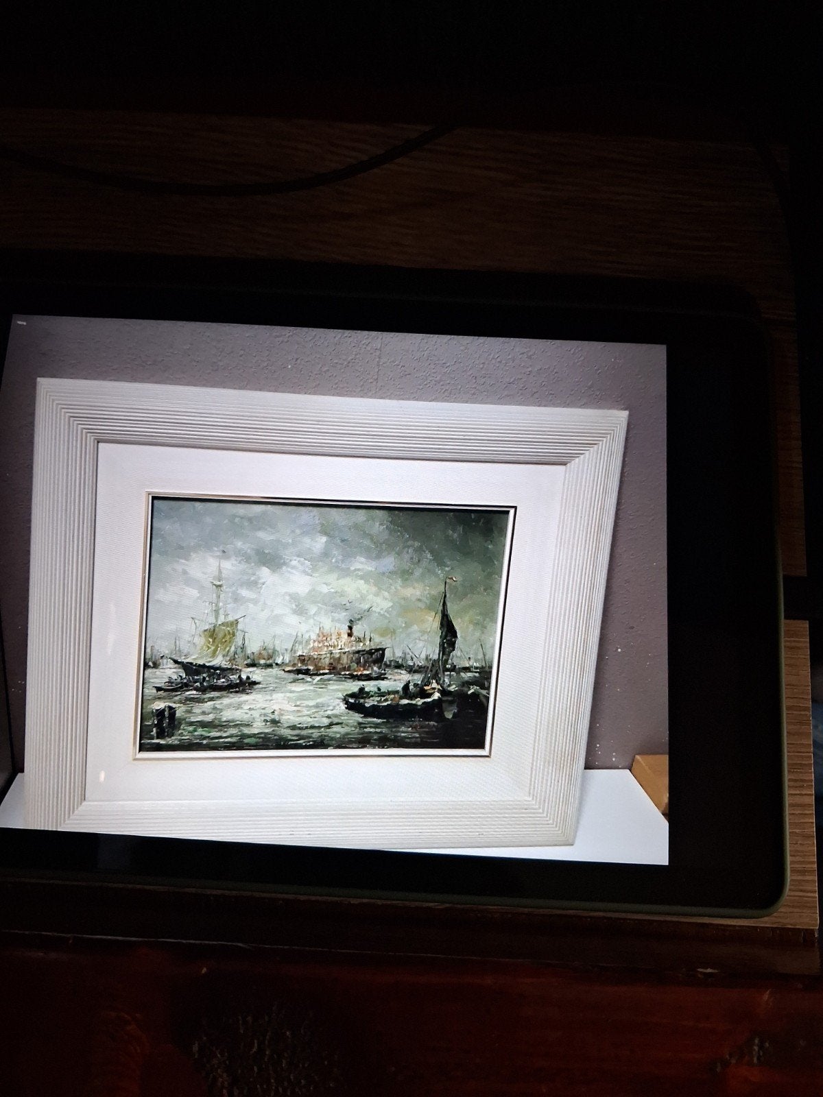 olieverf schilderij met schepen in haven gesigneerd, Huis en Inrichting, Ophalen, 50 tot 75 cm, Schilderij