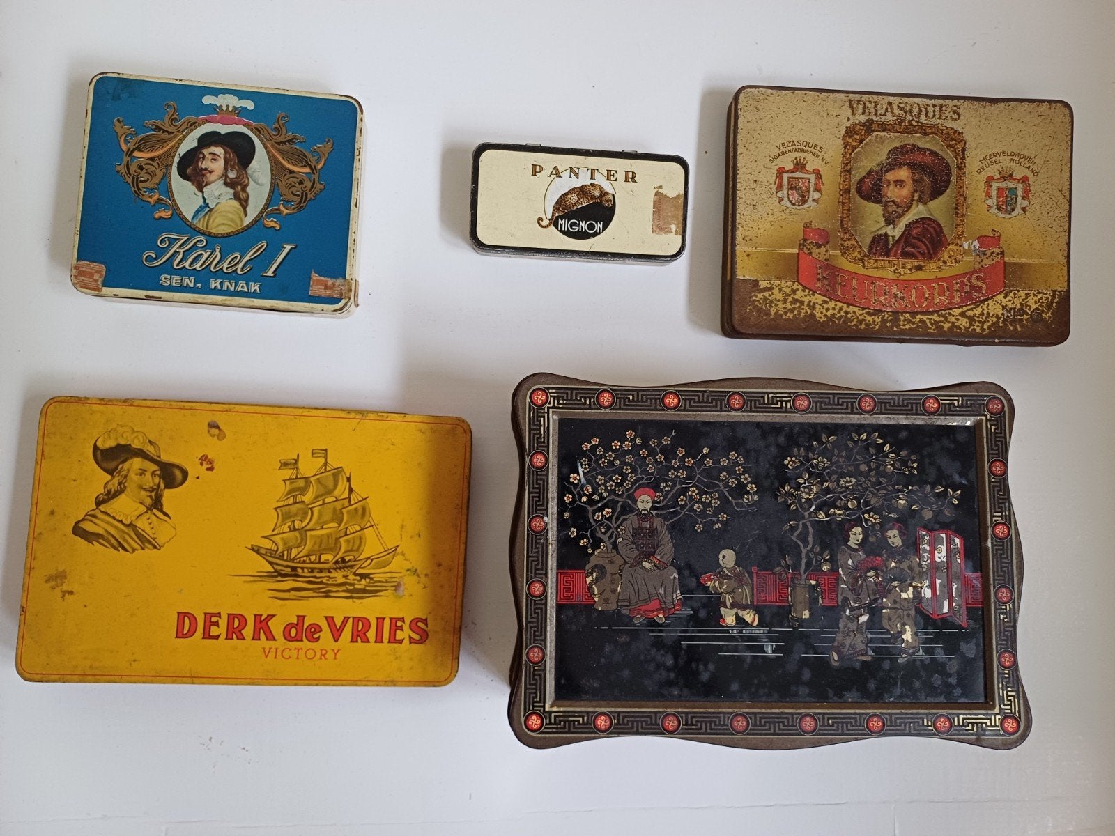 Set van 4 Oude Metalen Sigarenkistje en koek trommels - Vint, Ophalen of Verzenden, Gebruikt, Overige, Overige merken