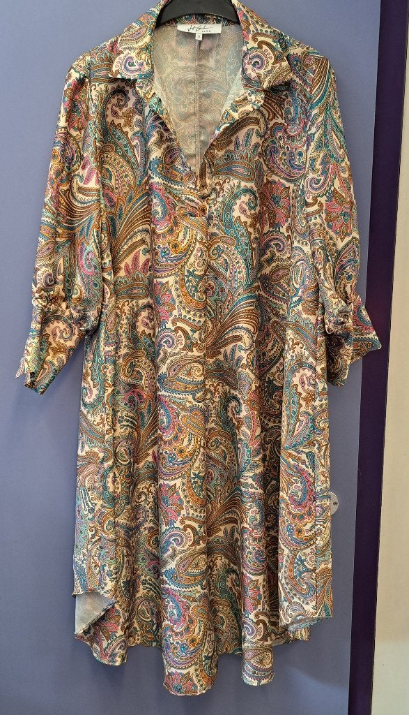Jeff Gallano jurk maat 2 (M) kleurrijk paisley dessin 49431, Maat 38/40 (M), Bruin, ., Jeff galliano