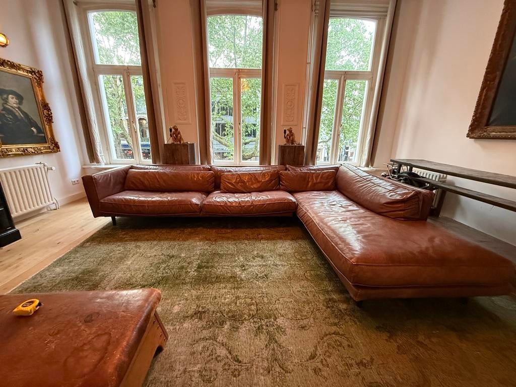 Ruime Leren Hoekbank met Longchair - 360cm Breed, Huis en Inrichting, Banken | Bankstellen, Ophalen, Gebruikt, Hoekbank, 300 cm of meer