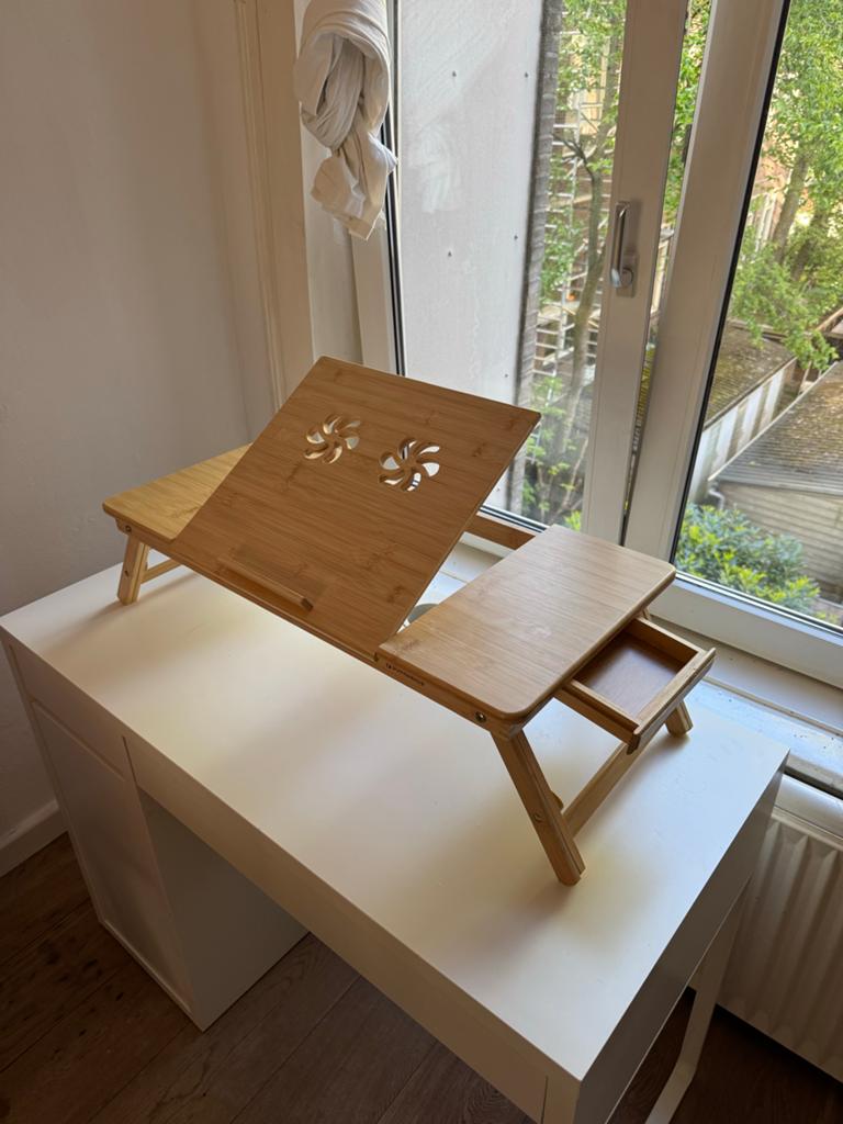 Verstelbaar bamboe laptoptafel/bedtafel, Ophalen, Hout, Zo goed als nieuw, Overige merken