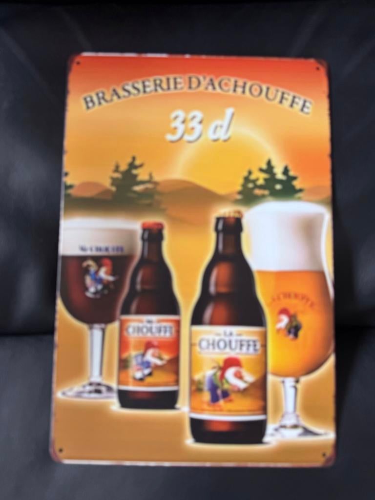 La Chouffe Bier Reclamebord - Metalen Plaat 30 bij 20, Ophalen of Verzenden, Gebruikt, Reclamebord