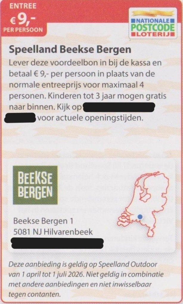 Speelland Beekse Bergen. Entree €9,- pp. Postcodeloterij bon, Tickets en Kaartjes, Recreatie | Pretparken en Attractieparken, Drie personen of meer