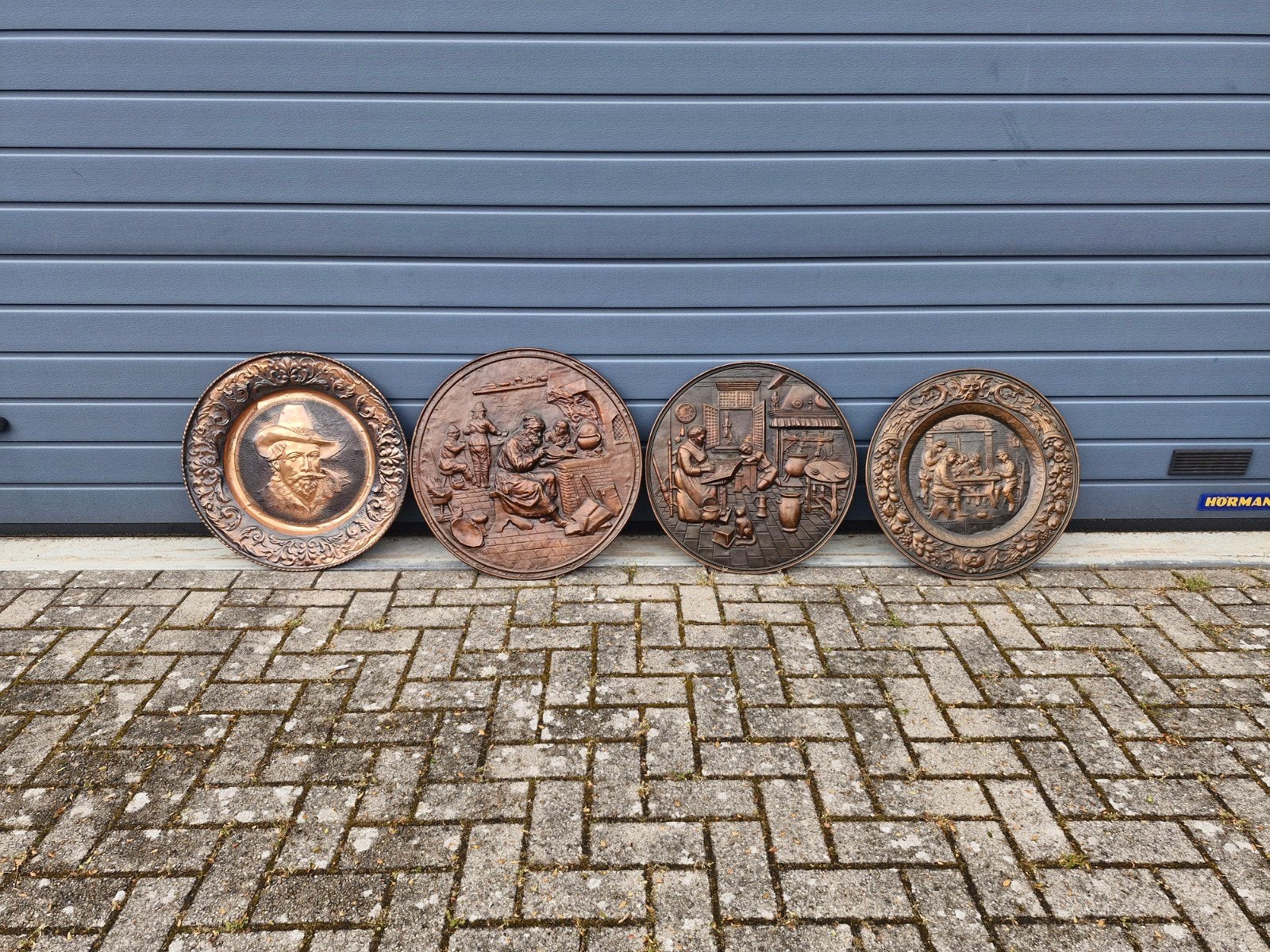 Set van 4 prachtige, grote roodkoperen wandborden, Ophalen of Verzenden