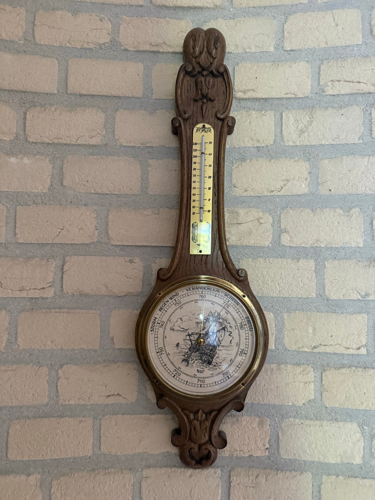 Antieke Barometer met Thermometer - Houtsnijwerk, Ophalen of Verzenden, Gebruikt, Barometer