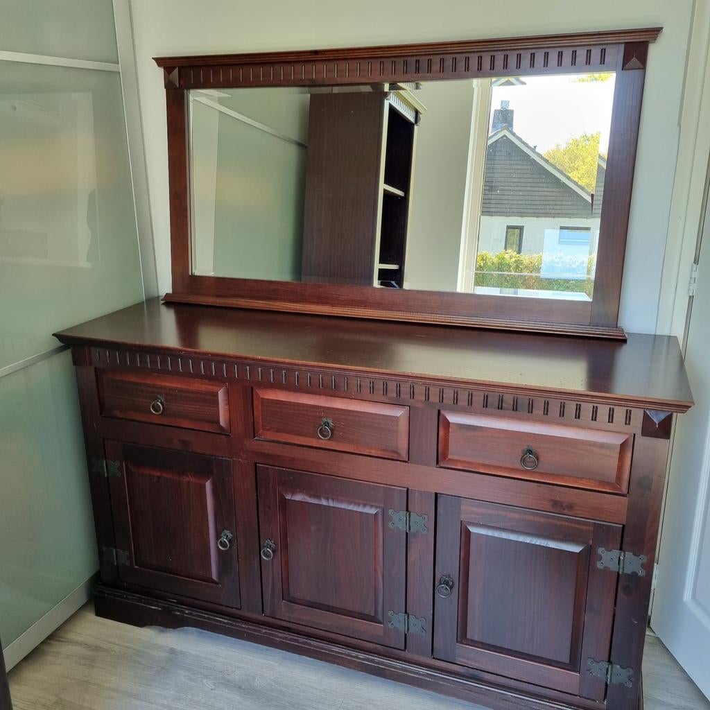 Massief houten dressoir met spiegel - Koloniale stijl, Huis en Inrichting, Kasten | Dressoirs, Ophalen, Zo goed als nieuw, 25 tot 50 cm