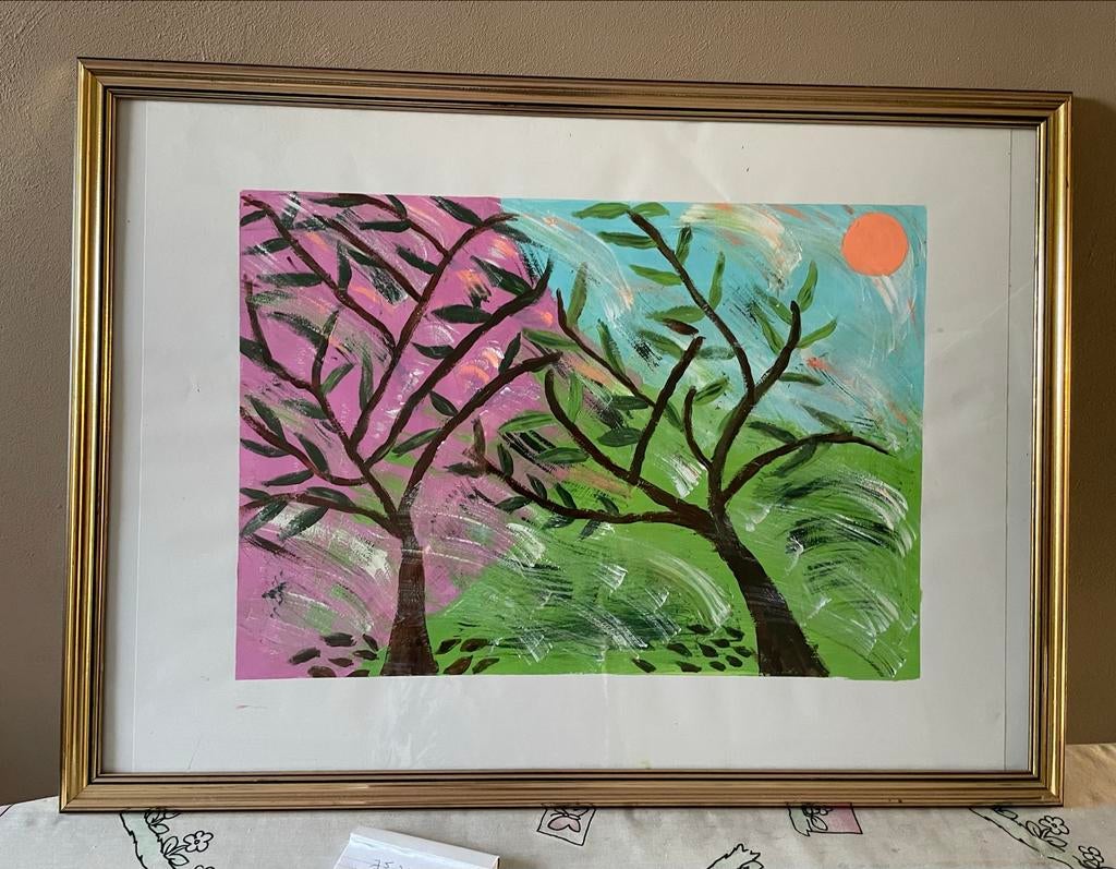Abstract schilderij met bomen en zonsondergang, Antiek en Kunst, Kunst | Litho's en Zeefdrukken, Ophalen of Verzenden