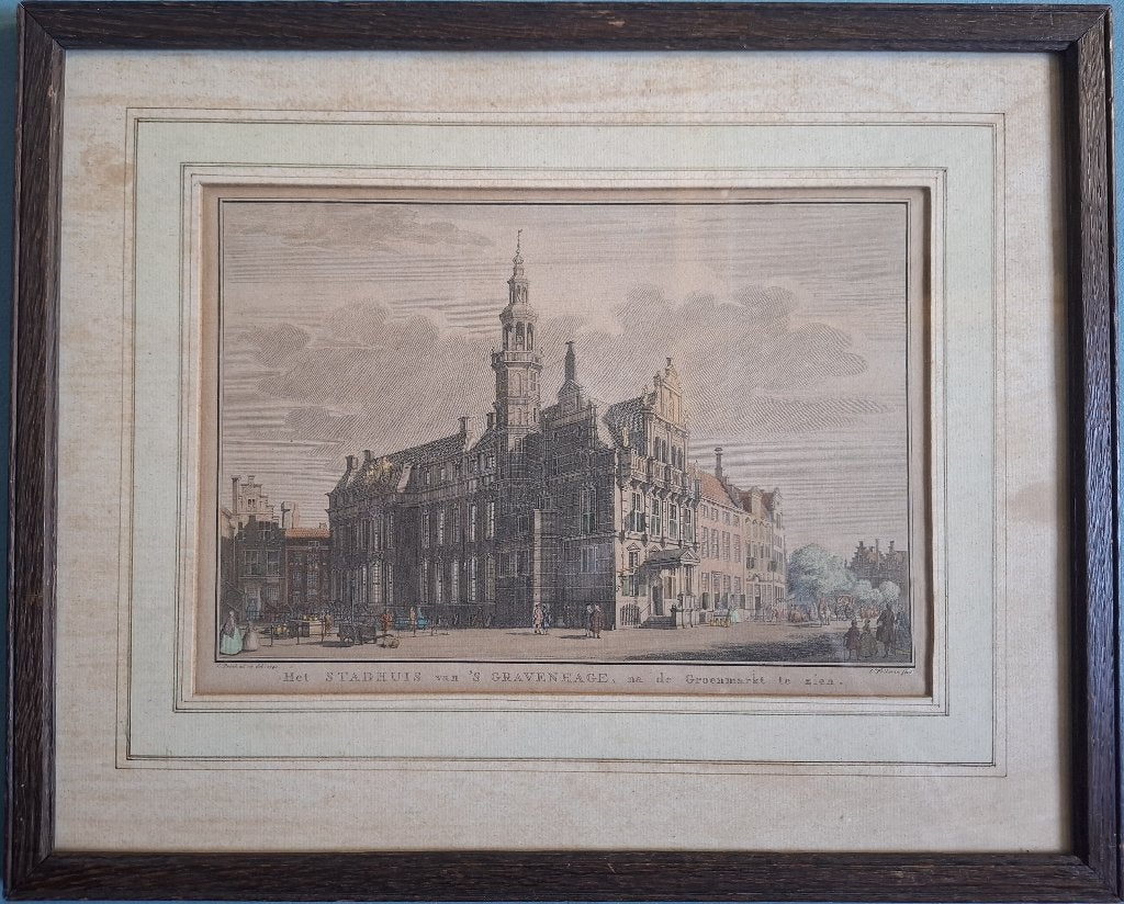 Ingekleurde Gravure Stadhuis 'sGravenhage Jacob Folkema 1745, Antiek en Kunst, Ophalen of Verzenden