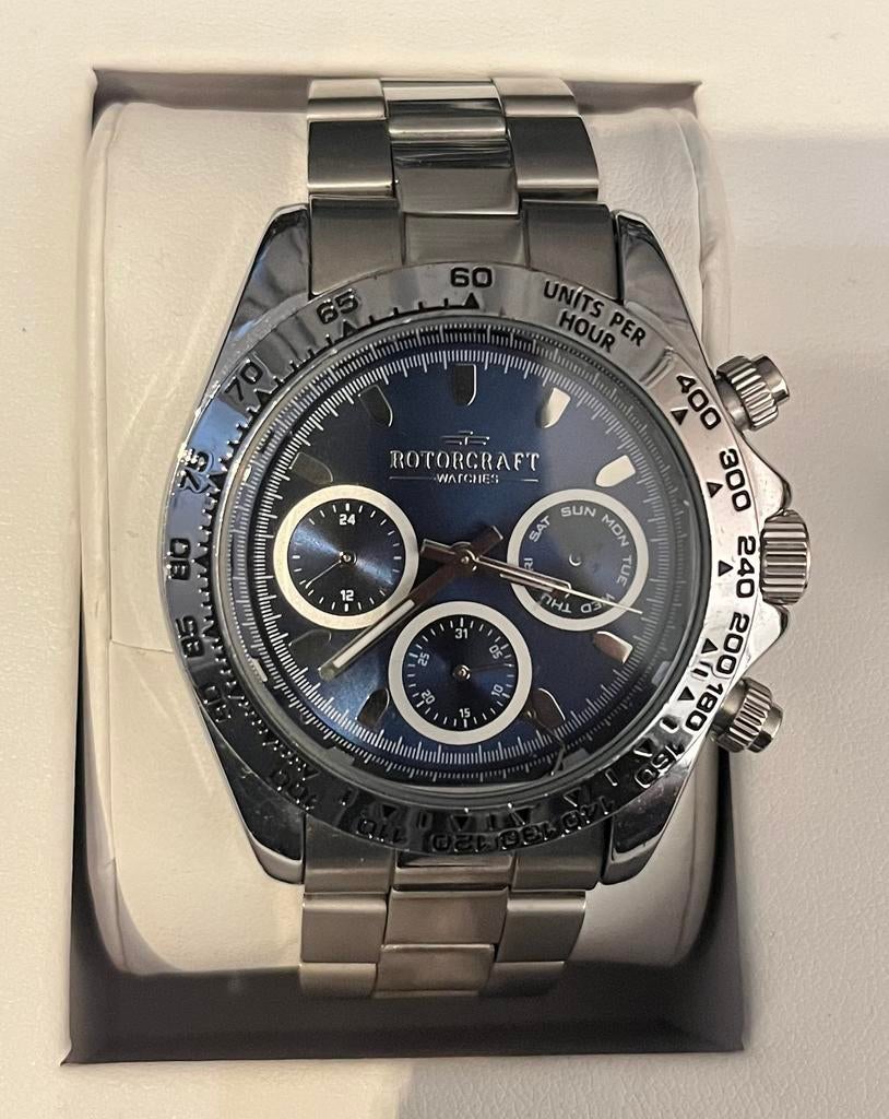 Rotocraft horloge heren zilver met blauwe wijzerplaat, Ophalen of Verzenden, Staal, Overige merken, 1960 of later