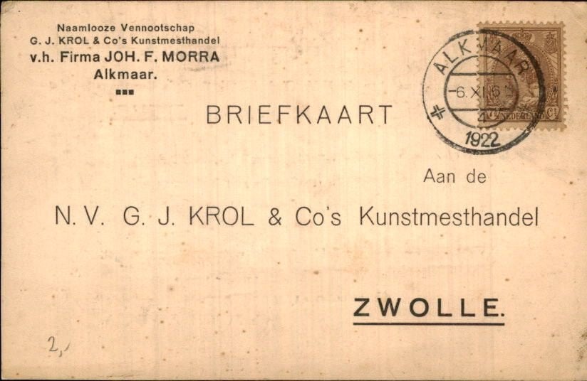 Alkmaar - F. Morra - Kunstmest - Zwolle Krol - 1922, Verzenden, 1920 tot 1940, Gelopen, Noord-Holland