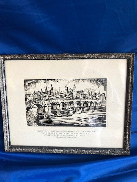 Maastricht oudste brug van Nederland in oude lijst, Antiek en Kunst, 26 cm, Architectuur, Ophalen of Verzenden, Gravure