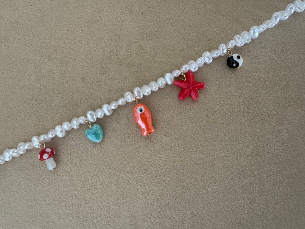 Parel kralen ketting met diverse bedels vis zeester yin yang, Overige materialen, Verstelbaar, Overige kleuren, Nieuw
