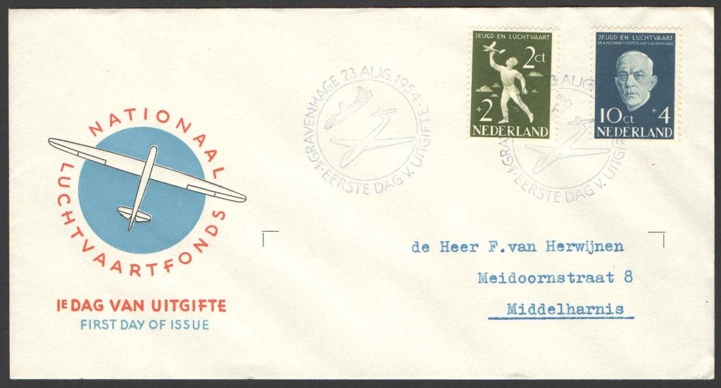 Nederland FDC E18 Met Adres, Luchtvaartfonds 1954, Postzegels en Munten, Ophalen of Verzenden, Beschreven, Nederland