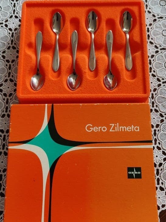 6 Vintage Gero Zilmeta Theelepeltjes 9 cm in Doosje, Ophalen of Verzenden