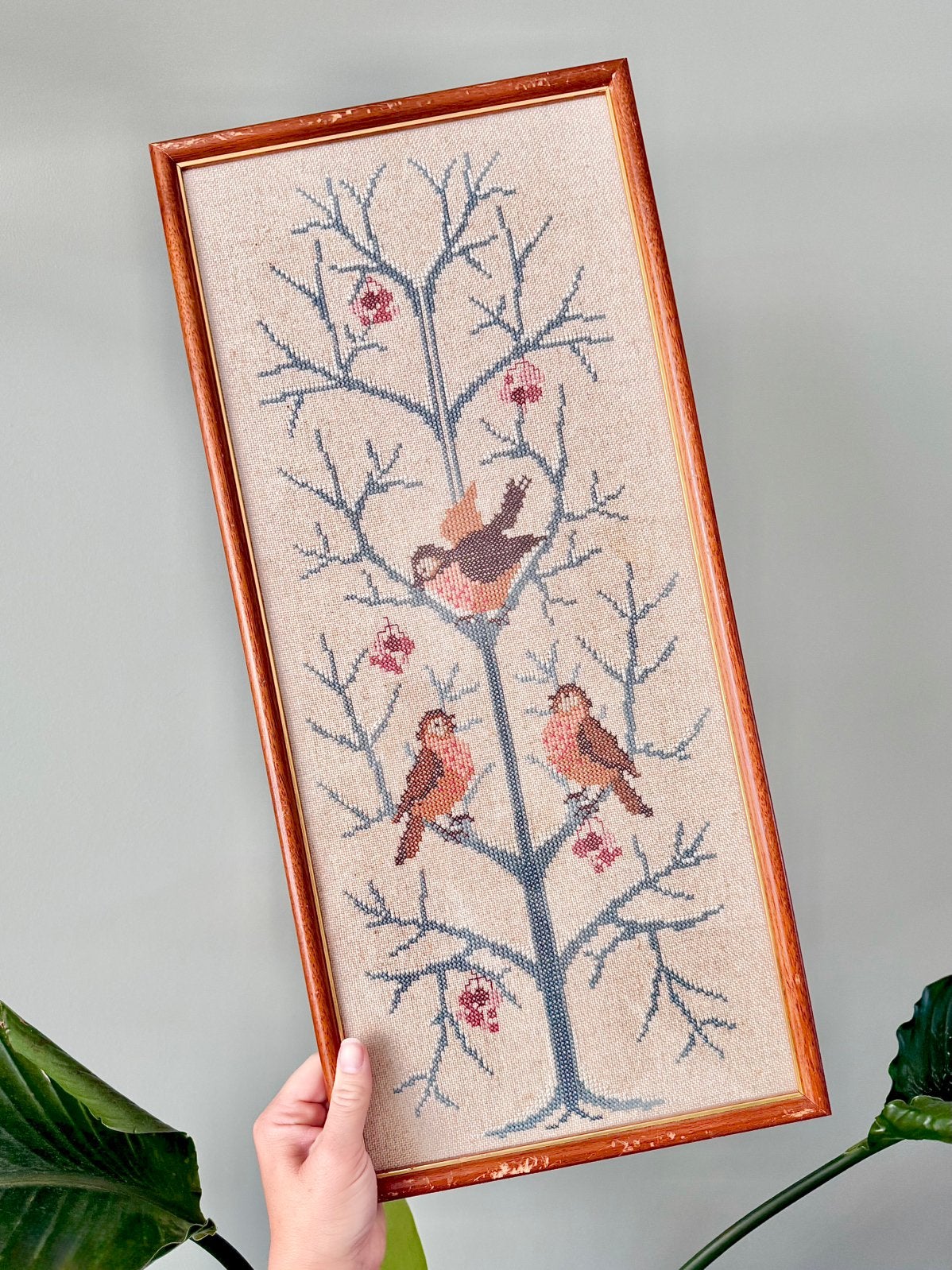 Groot vintage wandkleed borduurwerk lijst vogels, Ophalen of Verzenden