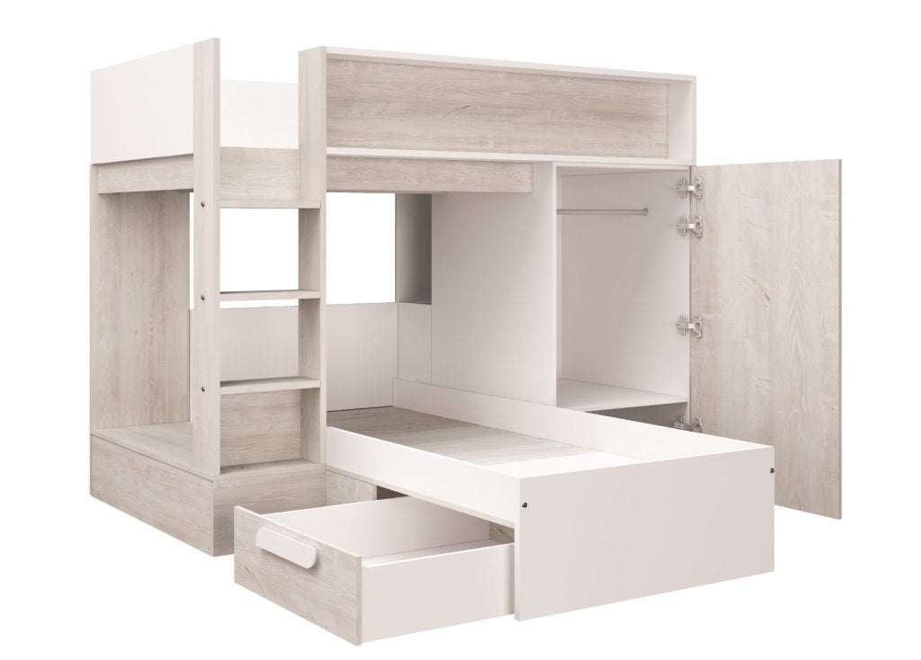 Fano hoekstapelbed met kast en lade - 90x200 - Wit/witgrenen, Niet ingevuld, Niet ingevuld, Niet ingevuld