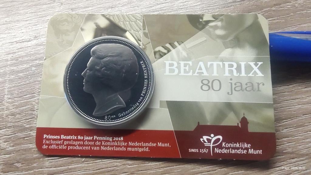 Prinses Beatrix 80 Jaar Penning 2018 KNM, Postzegels en Munten, Munten | Nederland, Ophalen of Verzenden, Koningin Beatrix, Overige waardes