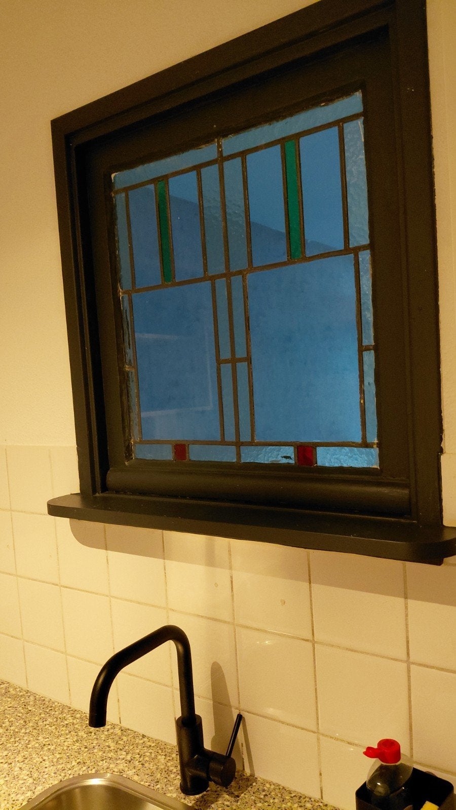 Glas in lood raamwerk met houten omlijsting 73x75 cm, Doe-het-zelf en Verbouw, Glas en Ramen, Ophalen, Gevelraam of Ruit, Gebruikt