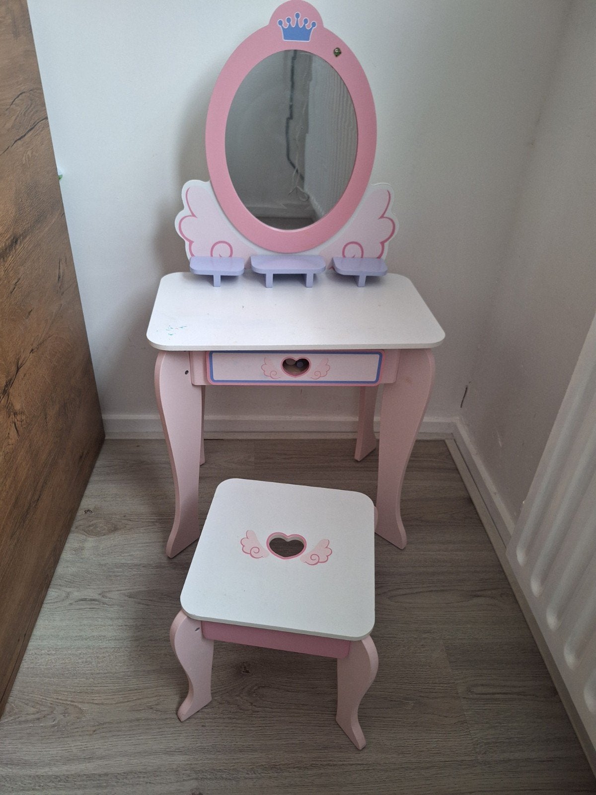 Roze houten kaptafel met krukje voor kinderen, Ophalen of Verzenden, Gebruikt, Meisje
