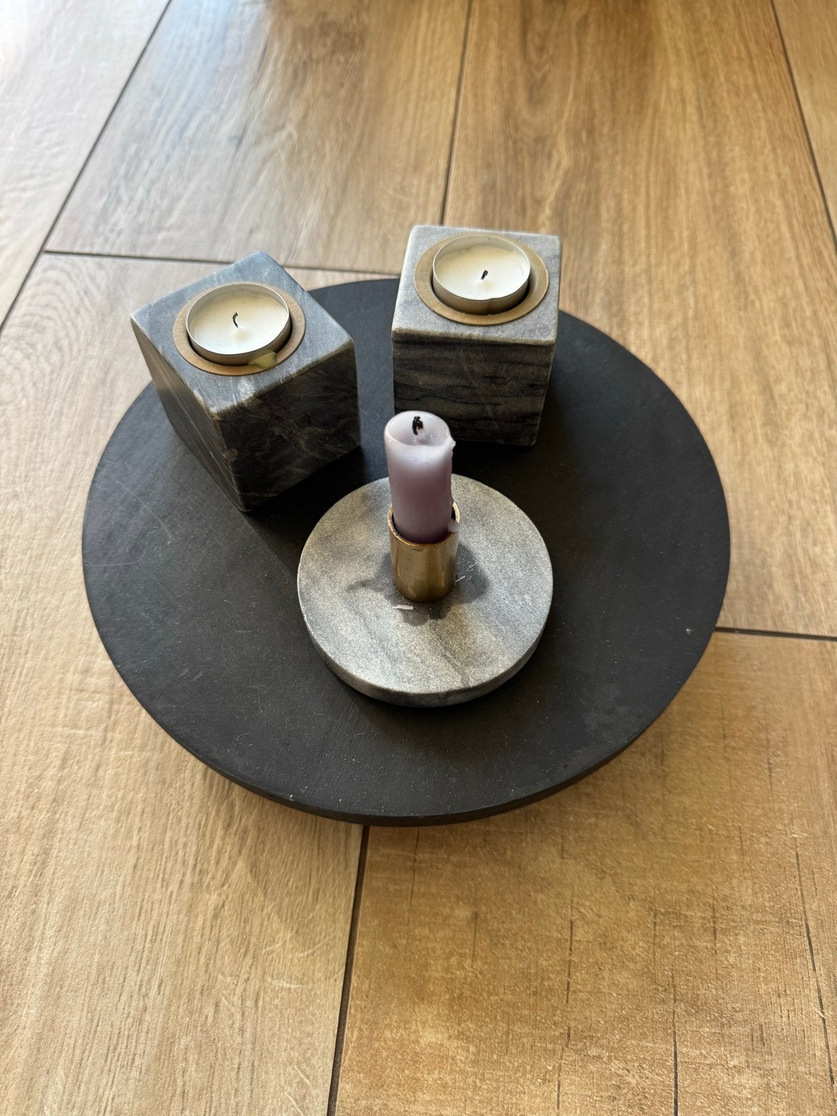 Decoratieve set: plateau met marmeren theelichthouders, Ophalen, Gebruikt, Overige merken, Zwart