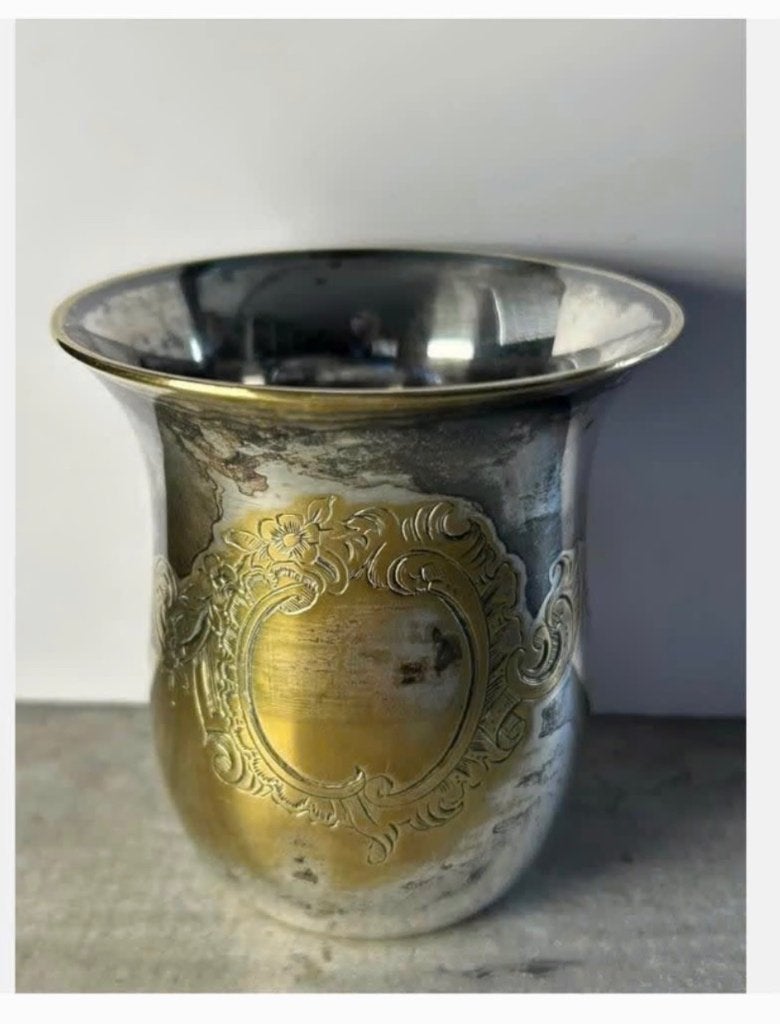 Heel oud antiek lepelvaasje, verzilverd koper, 8 cm, Antiek en Kunst, Ophalen of Verzenden