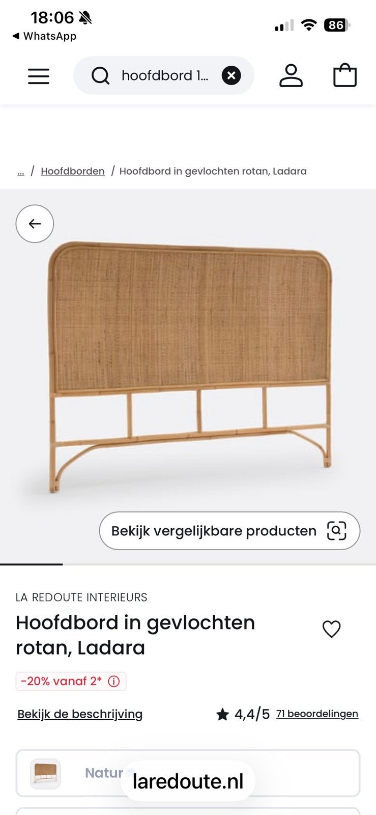 Rotan hoofdbord, Huis en Inrichting, Ophalen, Overige kleuren, 180 cm, Hout
