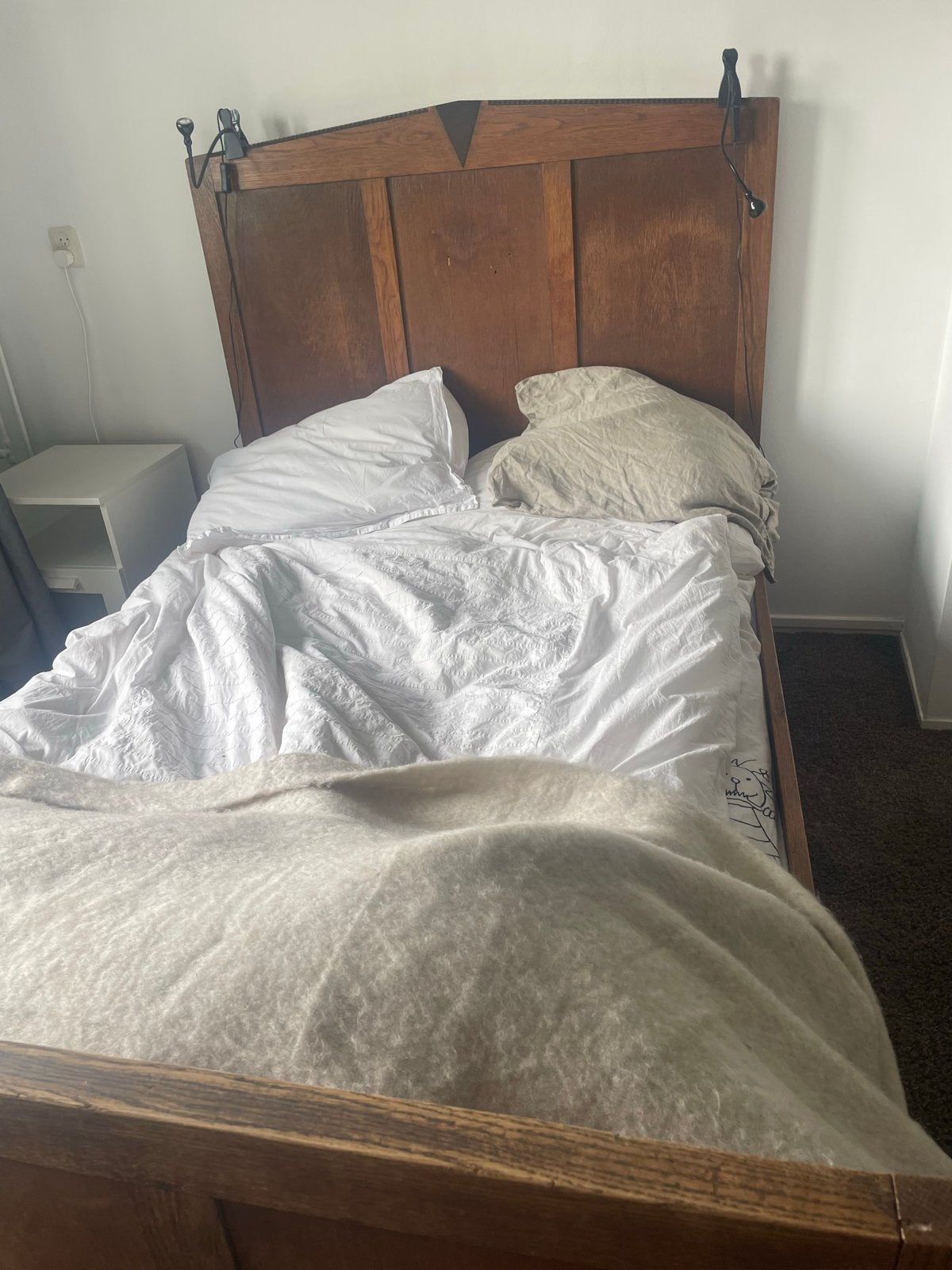 Prachtig oud houten twijfelaar bed met spiraal, Ophalen, Gebruikt, Bruin, 190 cm of minder