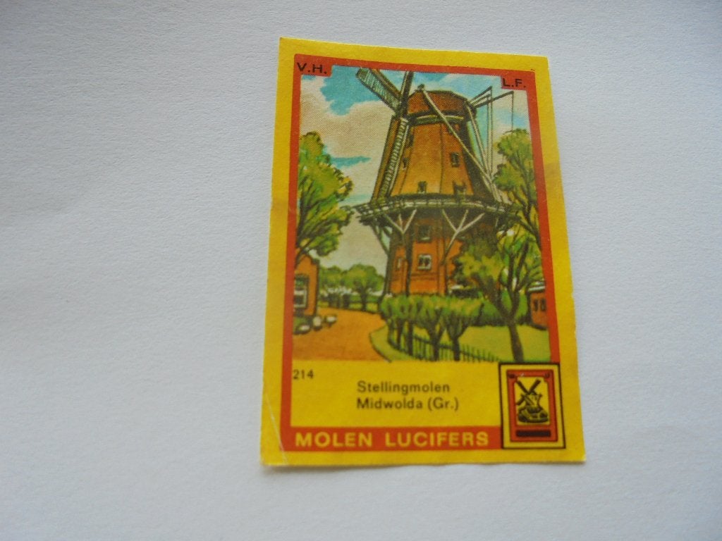 Oud luciferetiket Stellingmolen MIDWOLDA, gem. Oldambt, Ophalen of Verzenden, Zo goed als nieuw, Luciferdoosjes of -merken