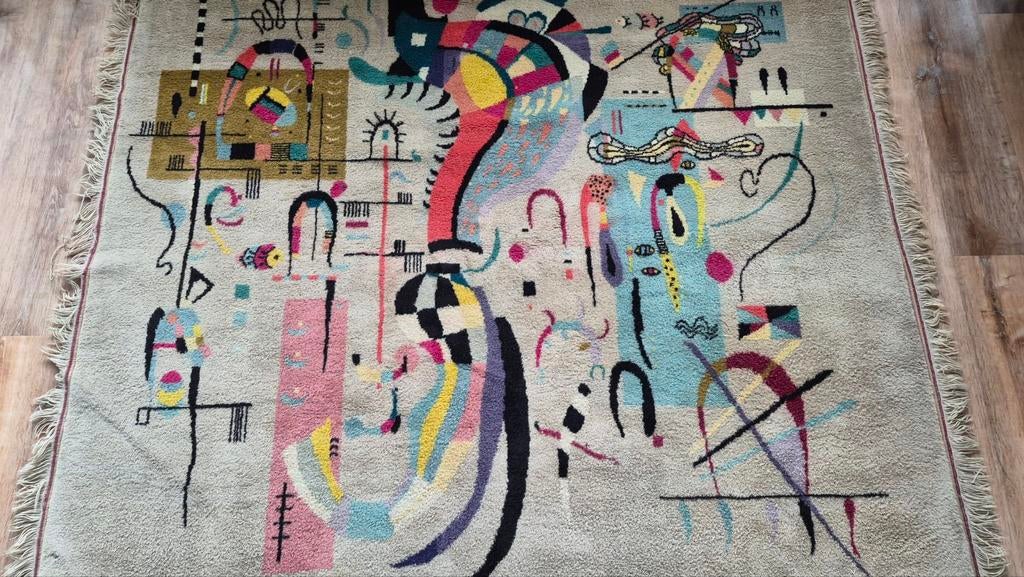 Handgeknoopt Turks tapijt met Kandinsky afbeelding, Gebruikt, Overige kleuren, 200 cm of meer, Ophalen of Verzenden
