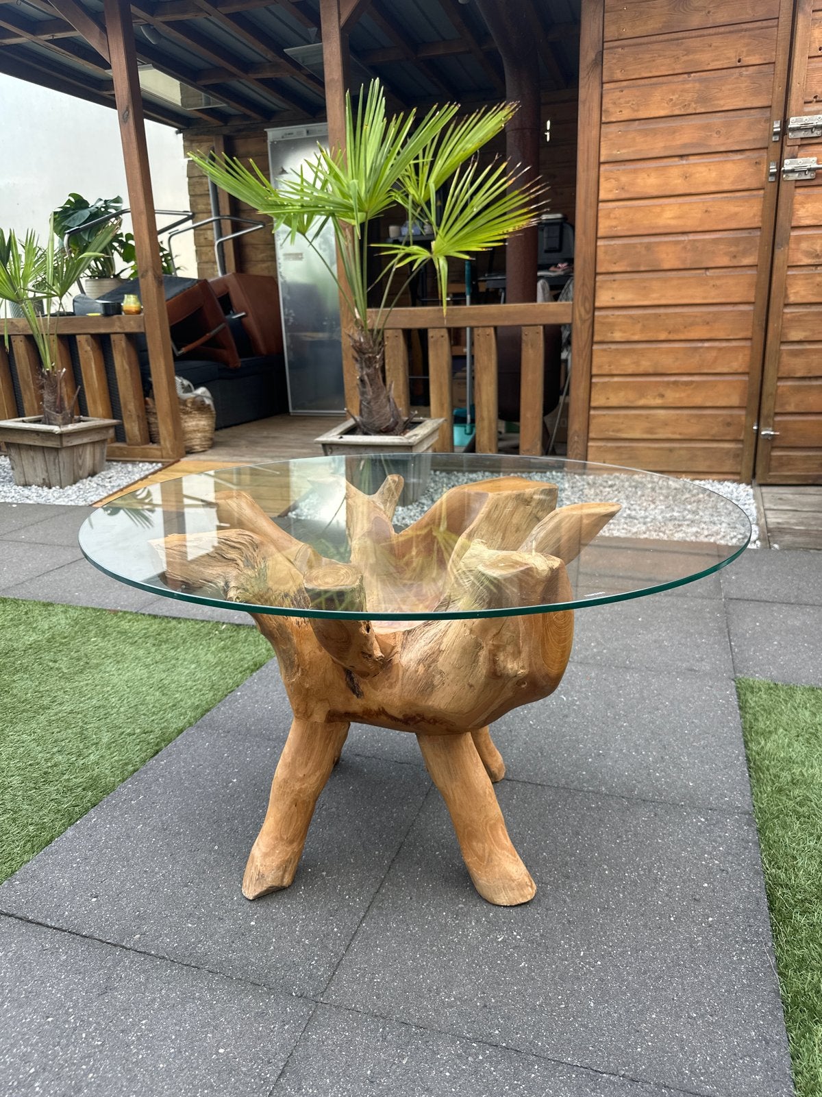 Unieke salontafel van boomwortel met glazen blad, Ophalen, Rond, Tot twee personen, 50 tot 100 cm