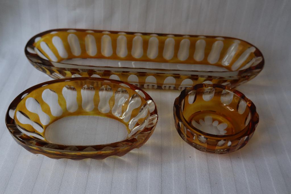 Antieke kaptafel schaaltjes amber glas c 1930, Antiek en Kunst, Antiek | Glas en Kristal, Ophalen of Verzenden