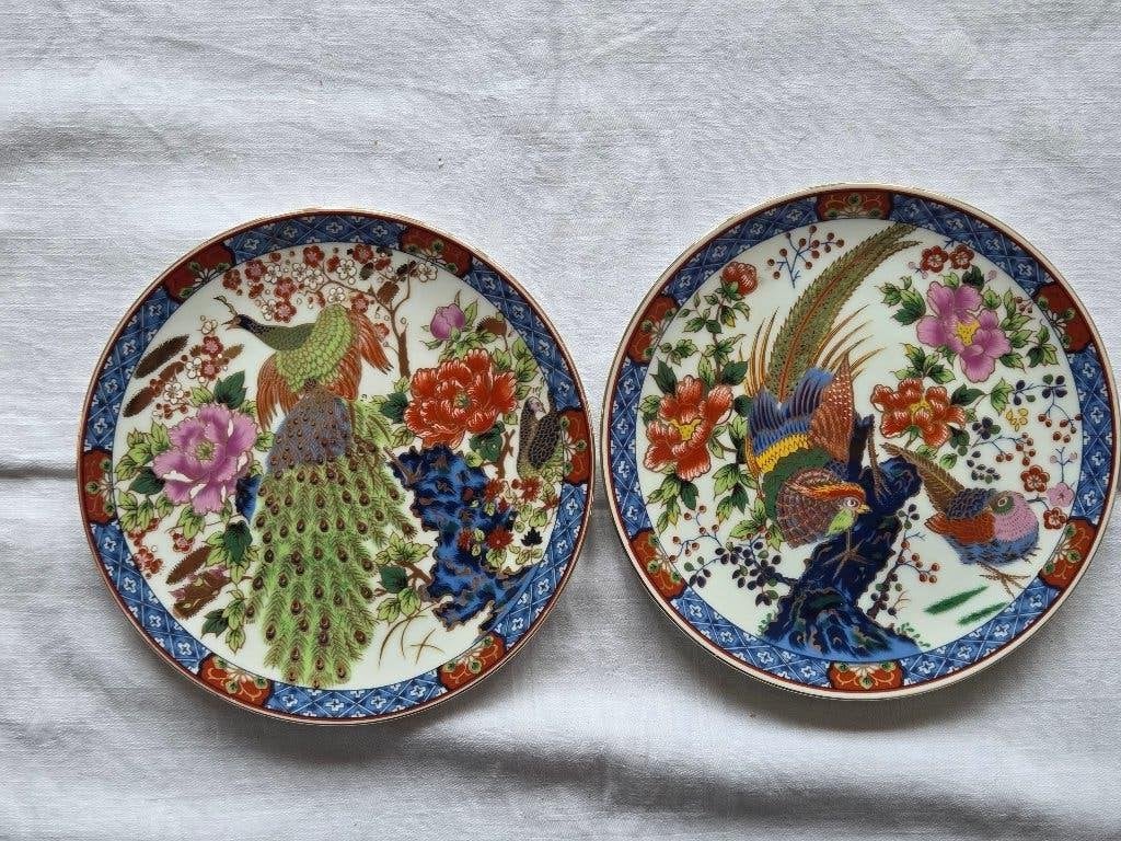 Japanse kleine wandbordjes, veelkleurig met vogels (2x)., Ophalen of Verzenden
