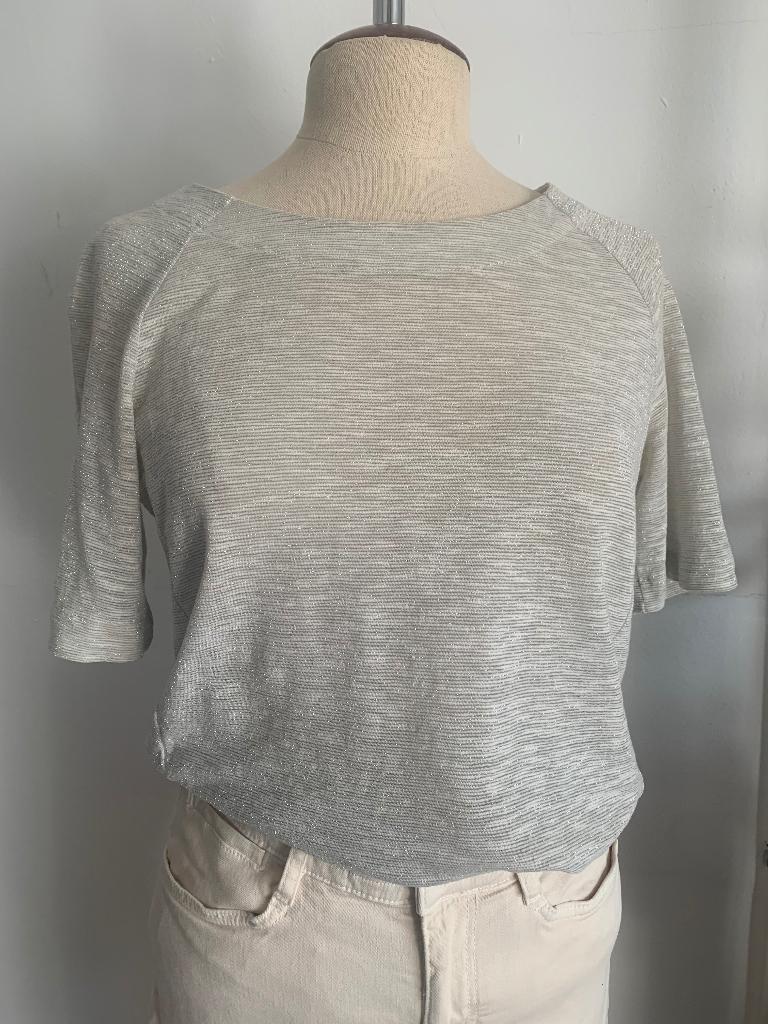 Drykorn t-shirt dun truitje korte mouw wit zilver grijs S/36, Kleding | Dames, T-shirts, Drykorn, Verzenden, Korte mouw, Maat 36 (S)