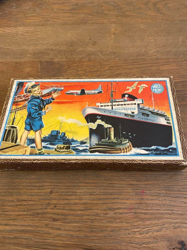 Vintage Multi Print Stempeldoos - Schepen & Vliegtuigen, Antiek en Kunst, Antiek | Speelgoed, Ophalen of Verzenden
