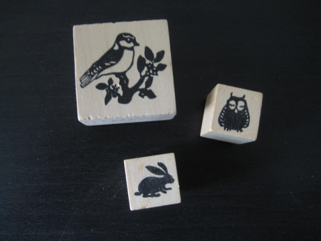 3 Houten stempels + stempelkussen, Hobby en Vrije tijd, Ophalen of Verzenden, Nieuw, Houten stempel