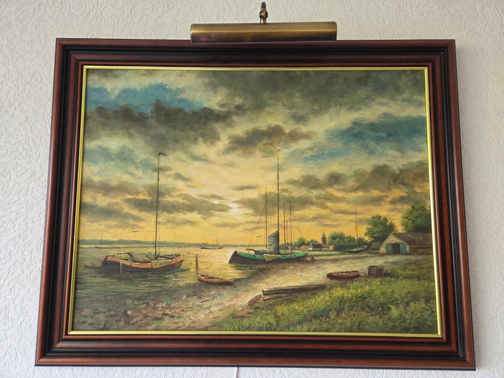 Olieverfschilderij van F. vd Burg - Boten aan de rivier, Antiek en Kunst, Kunst | Schilderijen | Klassiek, Ophalen