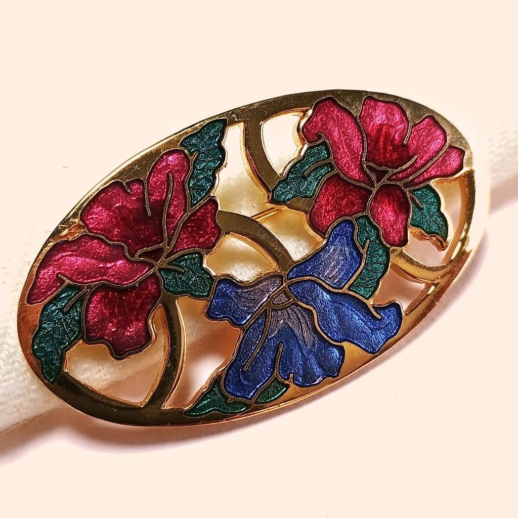 Vintage broche Fish cloisonné emaille rode bloemen jaren '80, Overige materialen, 4 tot 7 cm, Gebruikt, Verzenden