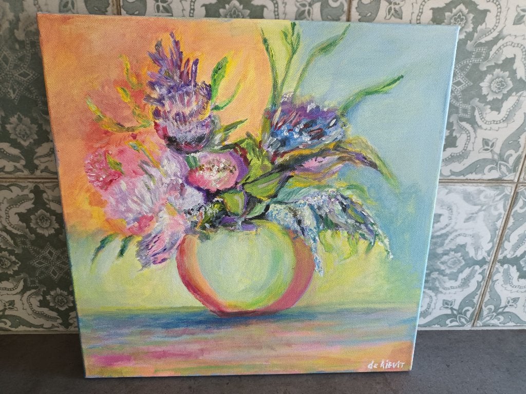 Handgeschilderd bloemenschilderij 40x40 5 euro! Ophalen, Ophalen, Handgeschilderd