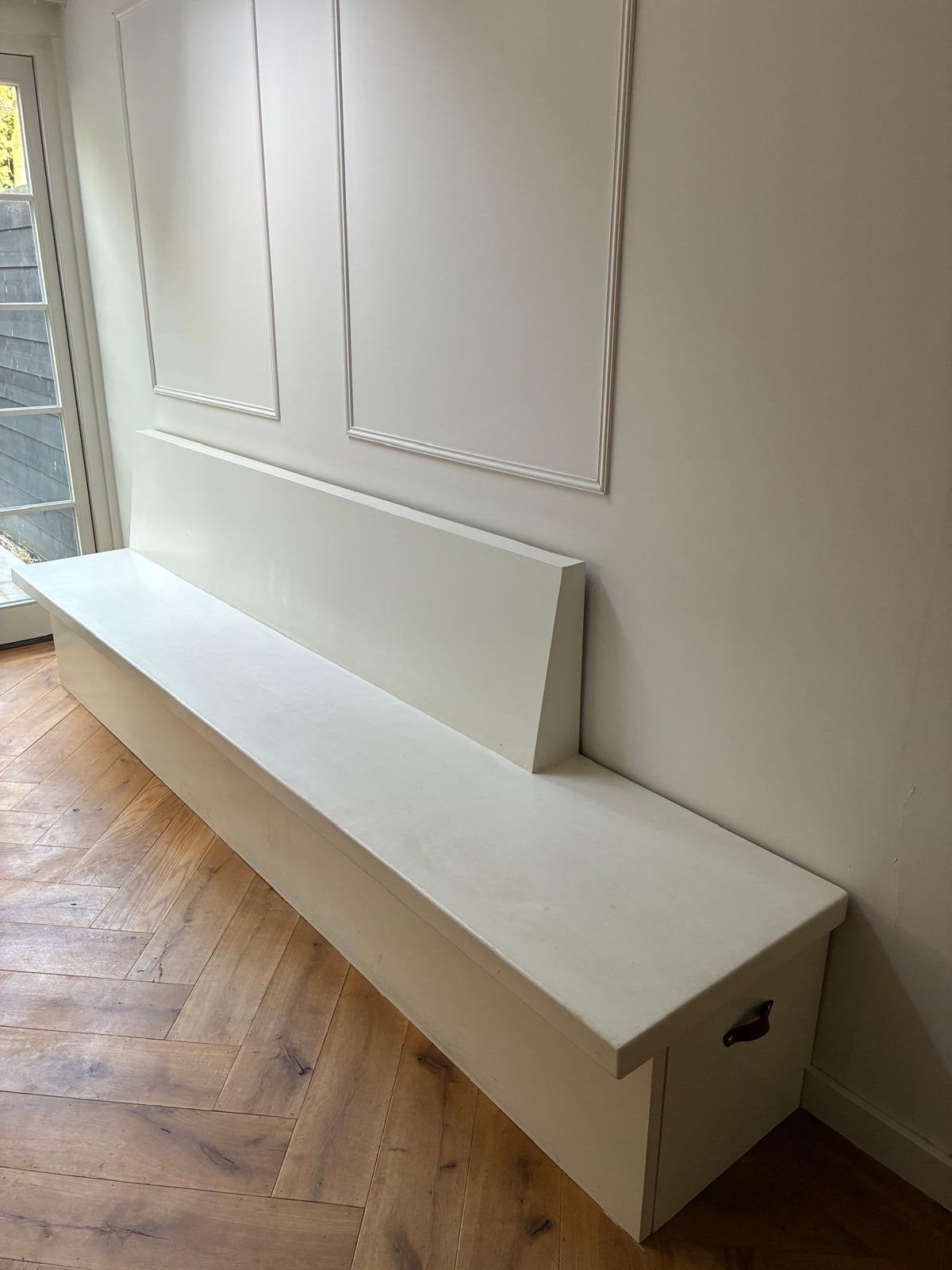 Massief houten bank met opbergruimte - 309x60 cm, Ophalen, Gebruikt, Hout