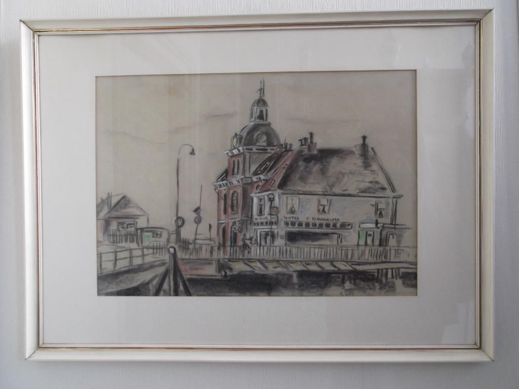 Schilderij Havenplein Harlingen. Gesign. Fré Twijnstra., Ophalen