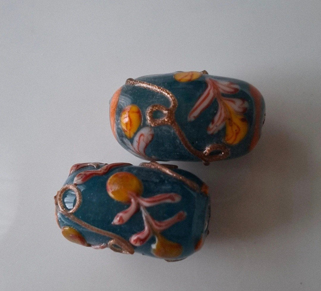 2 stuks luxe lampwork glaskralen blauw bloem roze kralen, Kraal, -, -, Nieuw