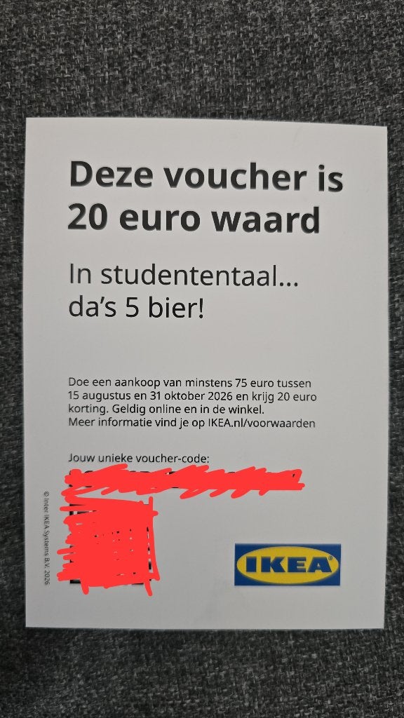 8x IKEA Kortingsvouchers €20 bij besteding van €75, Eén persoon, Kortingsbon, Warenhuis- of Winkelbon