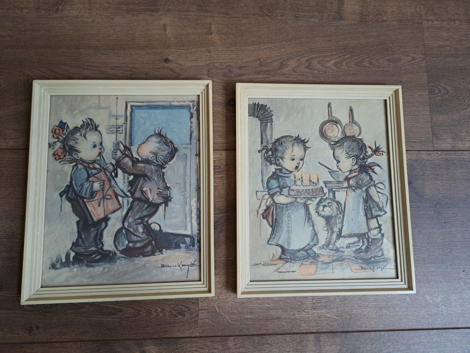 2 vintage schilderijtjes Jean Bukac 23,5 bij 28,5 cm, Minder dan 50 cm, Gebruikt, Ophalen of Verzenden, Schilderij