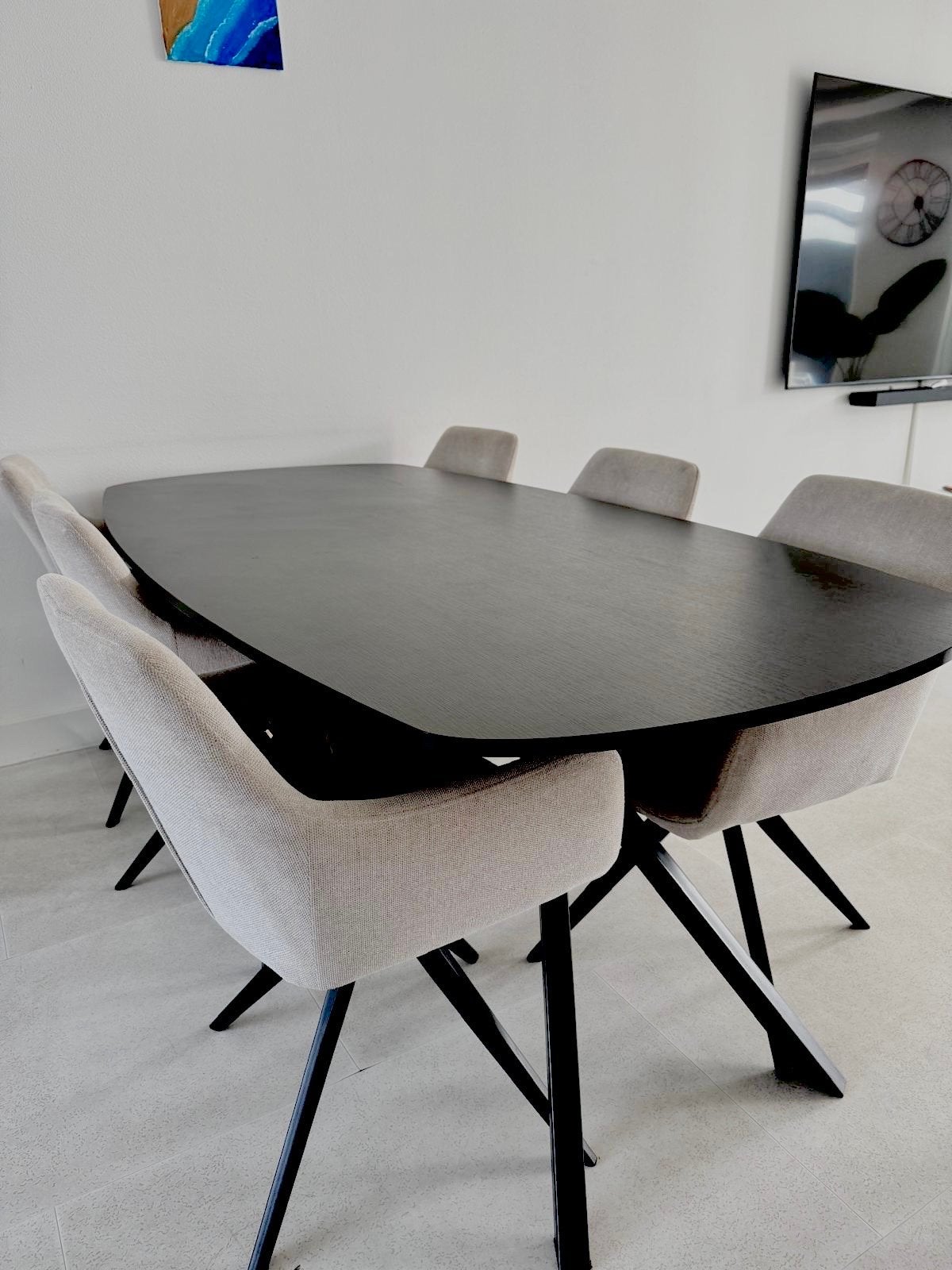 Moderne deens ovale zwarte eettafel en salontafel, Ophalen, 100 tot 150 cm, Zo goed als nieuw, 150 tot 200 cm