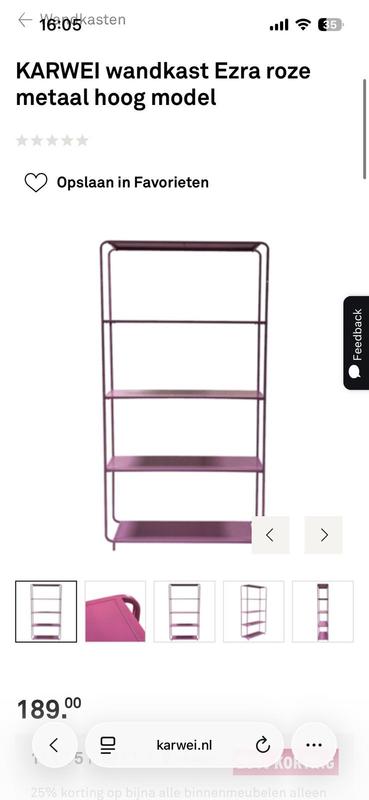 KARWEI wandkast Ezra roze metaal hoog model, Ophalen, 50 tot 100 cm, Zo goed als nieuw, Minder dan 100 cm