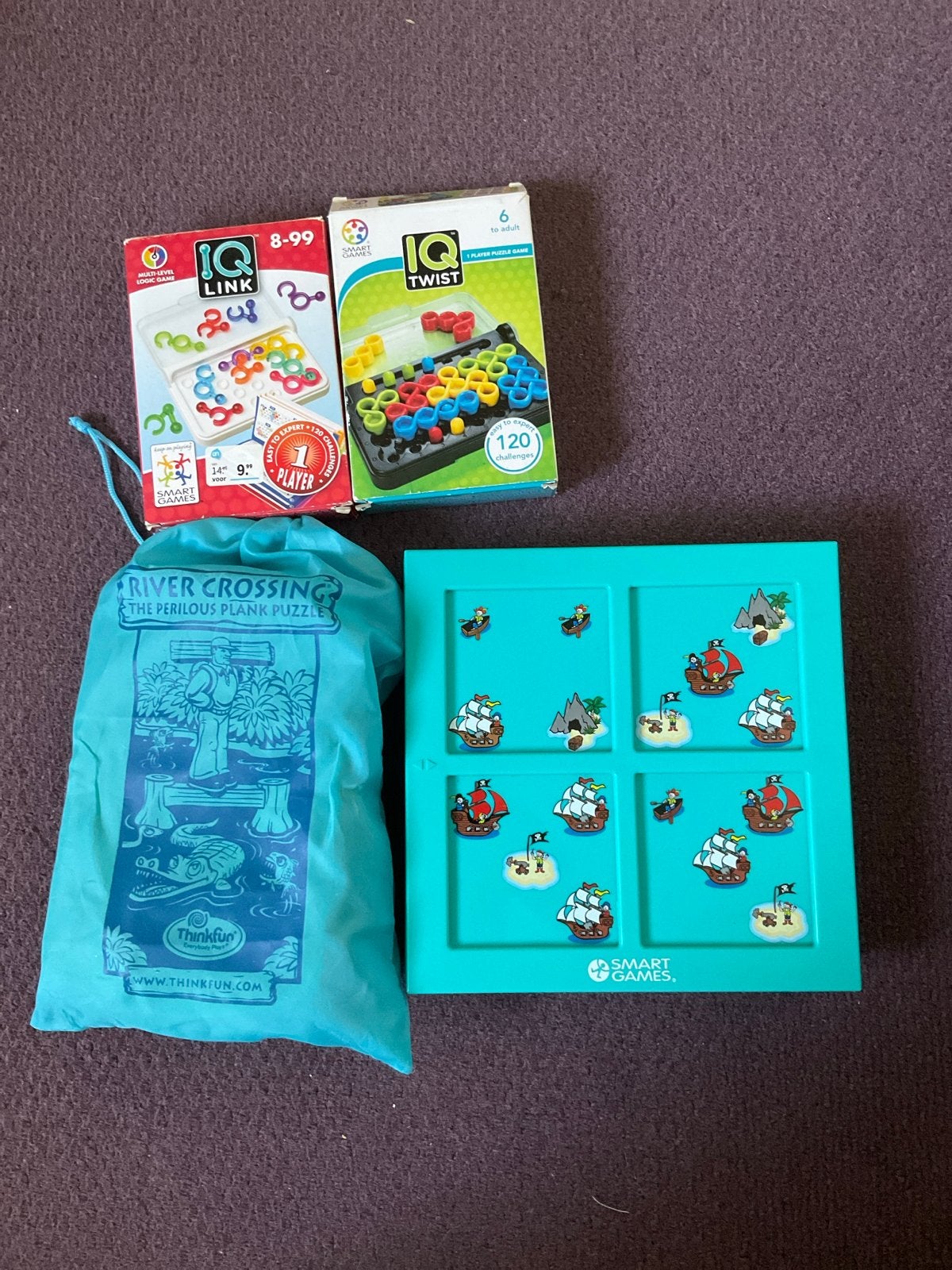 Pakket Smart Games: IQ Twist, IQ Link, River Crossing, Hide, Ophalen, Gebruikt, Overige typen